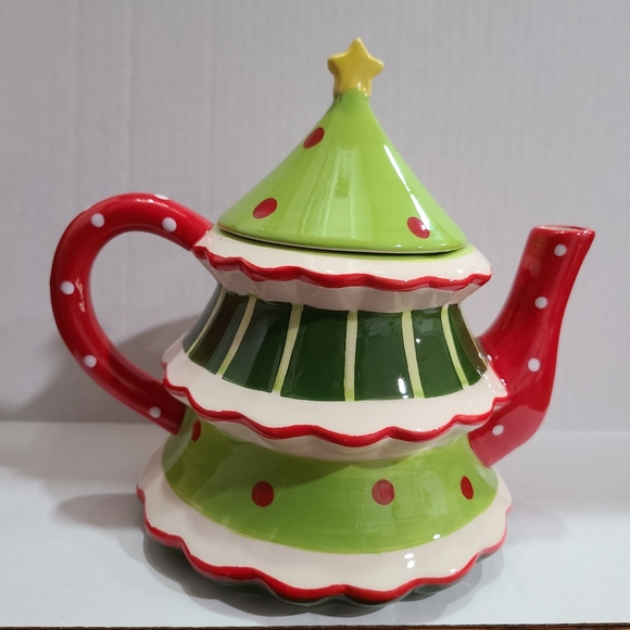 Ceramic tiered Christmas tree figural glazed teapot cookie jar with lid - Picture 1 of 10